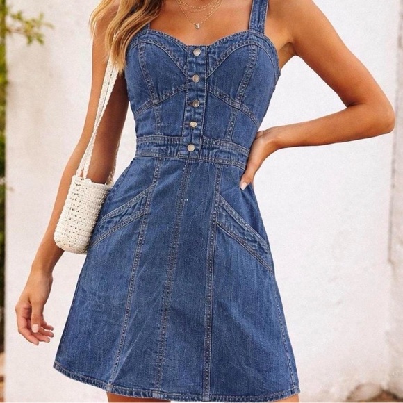 Japna Dresses & Skirts - Japna Denim Y2K Coquette Casual Lightweight Dress w/ Pockets Sz XS Ribbed Back